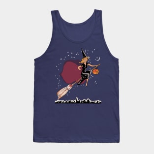 Witches Fly In The Sky On Halloween Night Witch on Broom with Jackolantern Tank Top